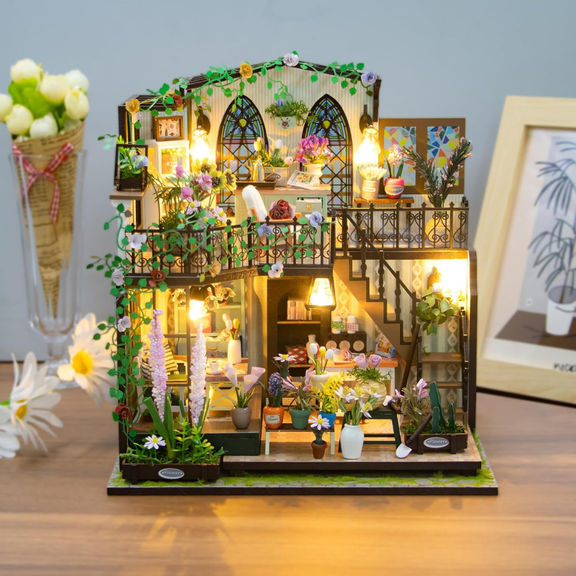 Sanie DIY Miniature House Kit with Wooden Furniture & LED Lights Fairy Dollhouse for Adults to Build Tiny Home Making Craft Kit Halloween Decoration Gift for Family & Friends