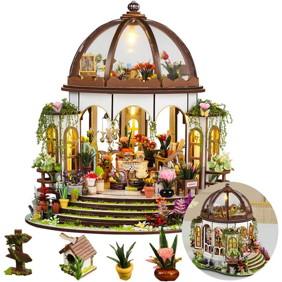 DIY Miniature House Kit, Wooden Garden Mini House with Furniture & LED Light, Creative Dollhouse Kit, Wooden Doll House, Model Building Kit for Adults (Hanging Garden)