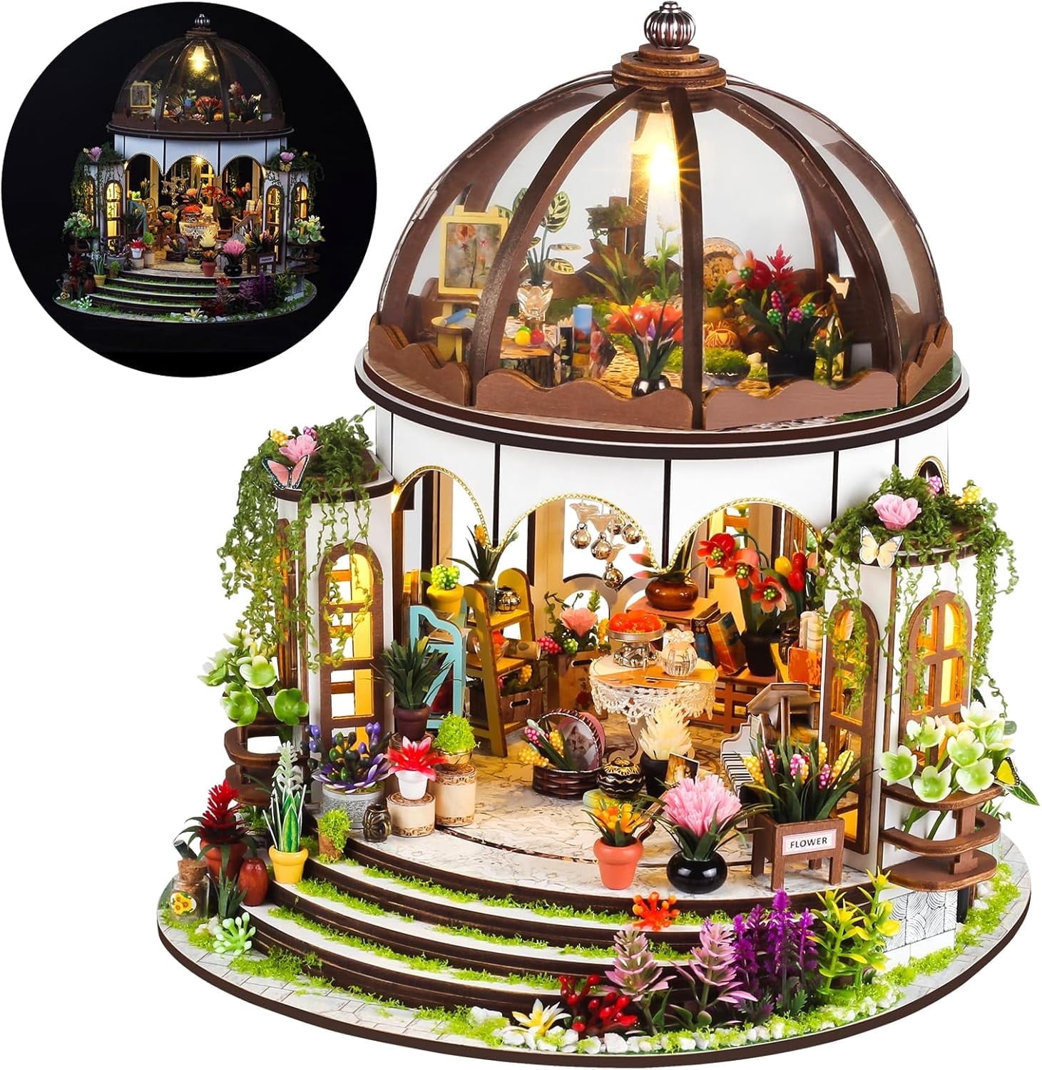DIY Miniature House Kit, Wooden Garden Mini House with Furniture & LED Light, Creative Dollhouse Kit, Model Building Kit for Adults