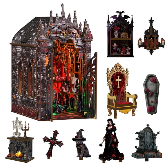 DIY Miniature House Kits, 3D Wooden Puzzle Eternal Night Castle Book Nook Kit, Gothic Vampire Model with LED, Dark Fantasy Shelf Decor for Adults