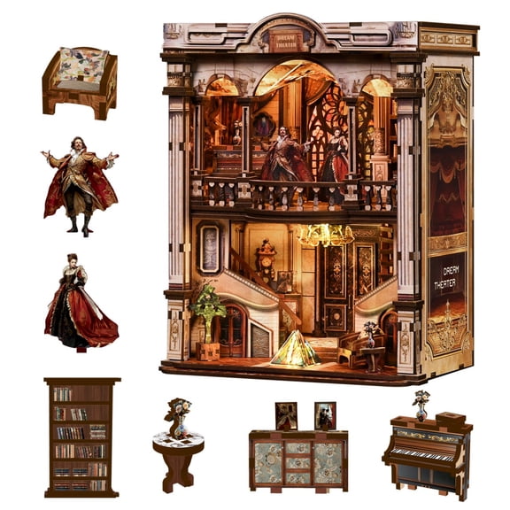 DIY Miniature House Kits, 3D Wooden Puzzle Fantasy Theater Book Nook Kit, Gothic Opera House Model with LED, Miniature Shelf Decor for Adults