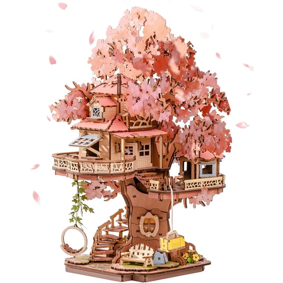 DIY Miniature House Kits Sakura Tree House 12" 3D Wooden Puzzles for Adults, Japanese Cherry Blossom Model Building Kit, Bonsai Craft Home Decor Gifts for Adults Family