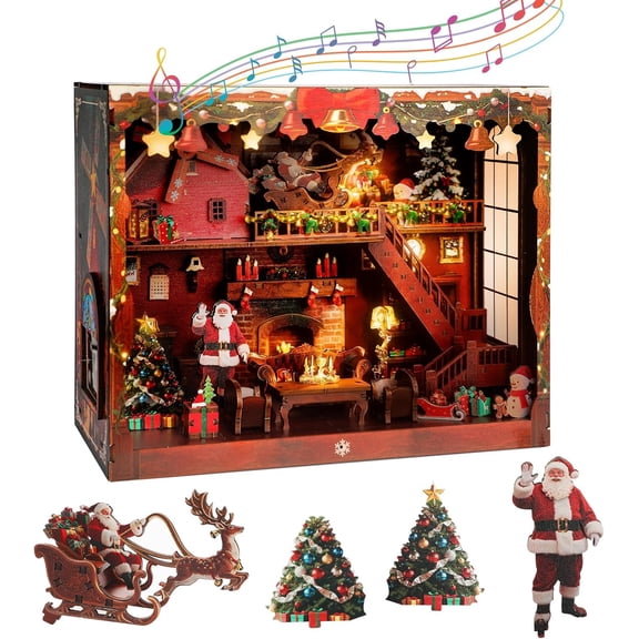 DIY Miniature House, LED Lighting Book Nook Kit Dollhouse Kit,Music Box Dollhouse, 3D Wooden Puzzle with Dust Cover,Gifts for Family, Friends,Christmas(Christmas Carnival)