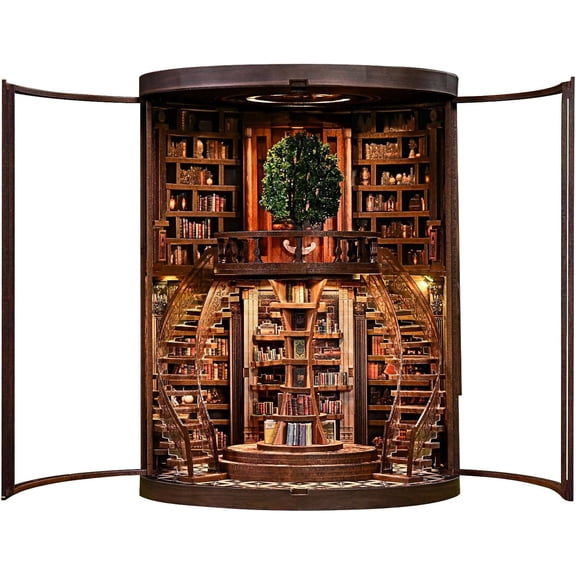 DIY Miniature House Library Kit - 3D Wooden Puzzle Bookend with LED Lights, Retro Bookshelf Insert & Dollhouse Decor, Craft Gift for Adults, Teens & Book Lovers