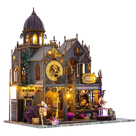 DIY Miniature Magic Castle Dollhouse Kit, Gothic Coffee Shop with LED Decor