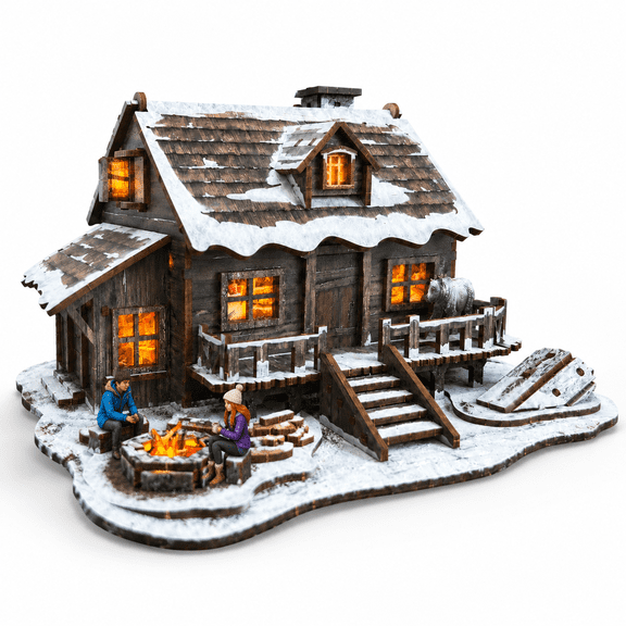 DIY Miniature Winter Cabin Building Kit with LED Lights, 198 Pre-Cut Plywood Pieces
