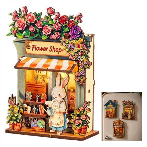 DIY Miniature Wooden House Fridge Magnet Kit, 3D Wooden Puzzle Book Nook with Warm LED Light and Magnetic Back, Tiny Shop Scene Decor for Fridge, Desk and Bookshelf - Flower Shop