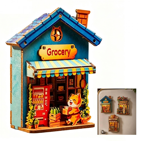 DIY Miniature Wooden House Fridge Magnet Kit, 3D Wooden Puzzle Book Nook with Warm LED Light and Magnetic Back, Tiny Shop Scene Decor for Fridge, Desk and Bookshelf - Grocery