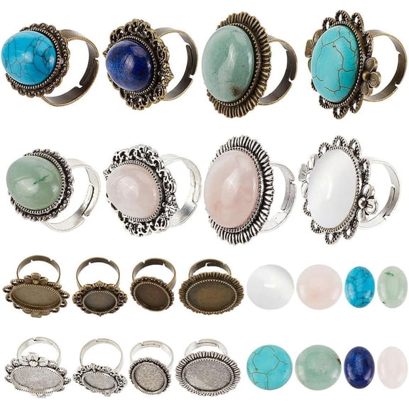 DIY Mixed Gemstone Finger Ring Making Kits Including Adjustable Iron Finger Ring Components and Gemstone Cabochons Mixed Color diy
