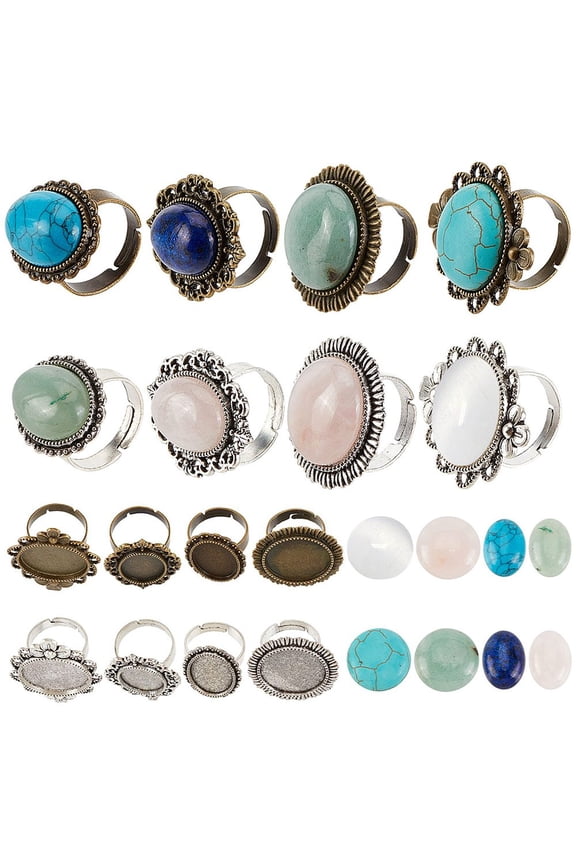 DIY Mixed Gemstone Finger Ring Making Kits Including Adjustable Iron Finger Ring Components and Gemstone Cabochons Mixed Color