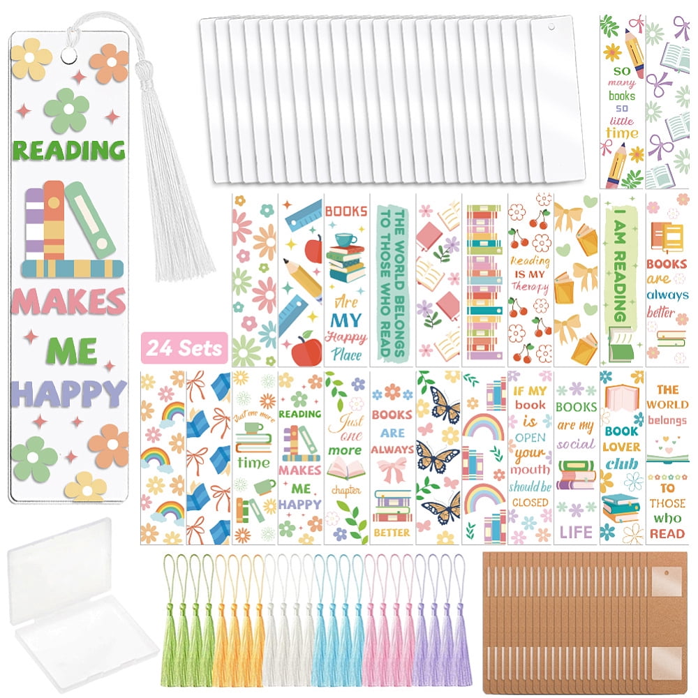 DIY Mixed Pattern Paper Bookmarks Making Kits with Plastic Stickers Acrylic Bookmark Polyester Tassel Mixed Color 120x30mm DIY