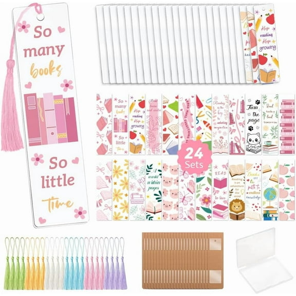 DIY Mixed Pattern Paper Bookmarks Making Kits with Plastic Stickers Acrylic Bookmark Polyester Tassel for UV Sublimation Cup Mixed Color 120x30mm