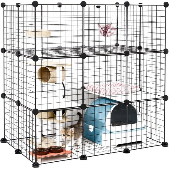 DIY Modular Cat Enclosure 3x3x2 Grid | Extra Large Indoor Cat Playpen | Foldable Black Wire Metal Cat Cage with Multi-Level Shelves | Approx. (43.7" x 29.5" x 43.3")