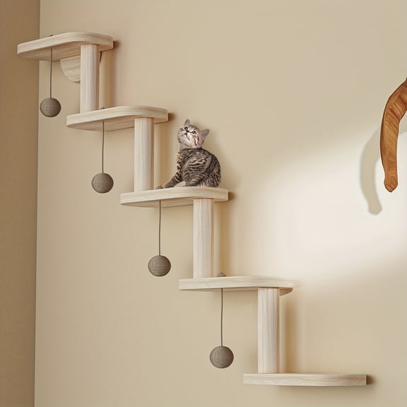 DIY Modular Wall-Mounted Cat Tree Shelf with 4 Cat Balls, Multi-Level Cat Climbing Furniture, Sturdy Wood-Like Panels, Space-Saving, Rounded Edges for Indoor Cats & Kittens