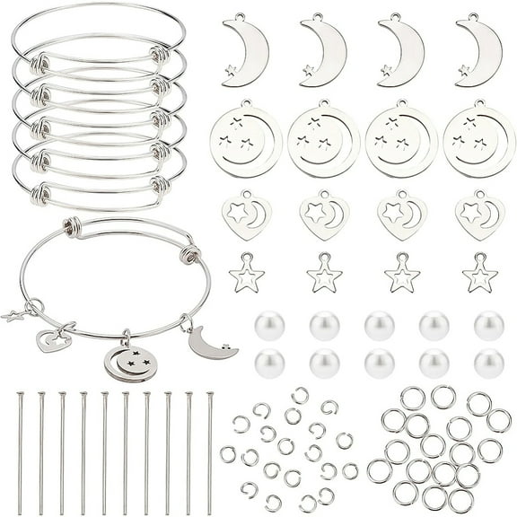 DIY Moon Star Charm Bangle Making Kit Include 304 Stainless Steel Pendants Pins Jump Rings Glass Pearl Beads Bangle Making: 6pcs/set