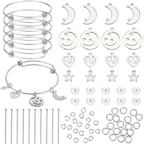 DIY Moon & Star Charm Bangle Making Kit Include Pendants & Jump Rings 201 Stainless Steel Charms & Expandable Bangle Making for DIY