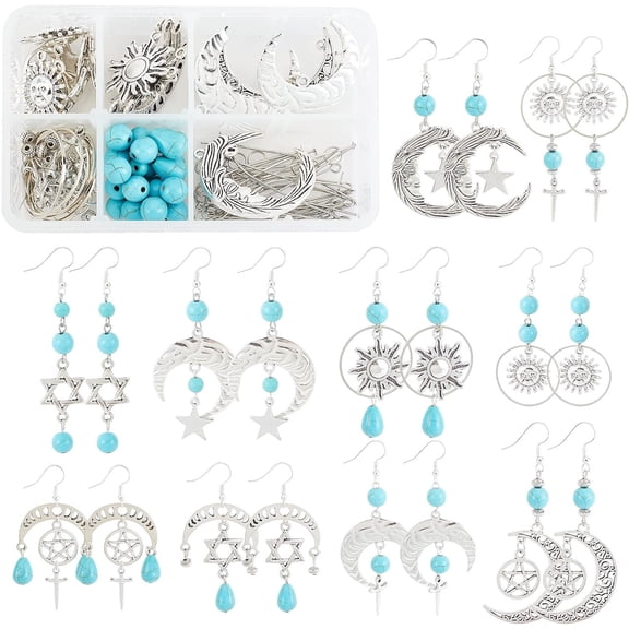 DIY Moon & Star Drop Earring Making Kit including Alloy Pendants & Links & Spacer Beads Synthetic Turquoise Beads Brass Linking Rings & Jump Rings & Pins & Earring Hooks Antique Silver 168pcs/box