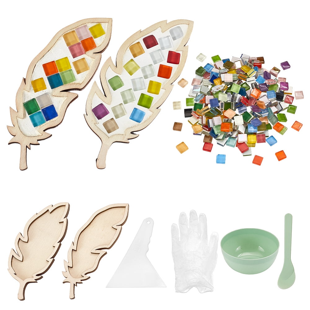 DIY Mosaic Making Kits inclduing Square Glass Mosaic Tiles Wood Feather Sheet Templates Facial Beauty Mask Bowl Kit Disposable PVC Safety Gloves