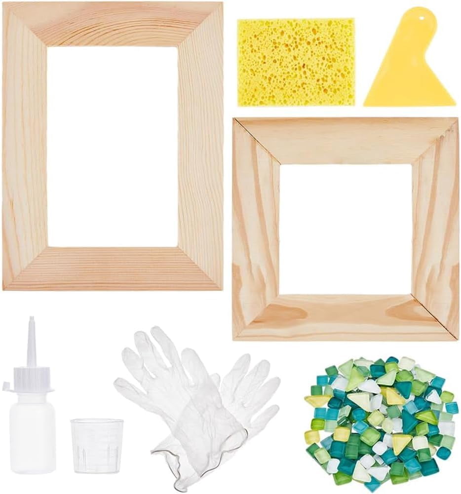 DIY Mosaic Photo Frame Kit Including 2 Sizes Unfinished Wood Photo Frame 200g Glass Mosaic Tiles Cups Plastic Glue Bottles Scraper Mosaic Supplies Crafts colorful