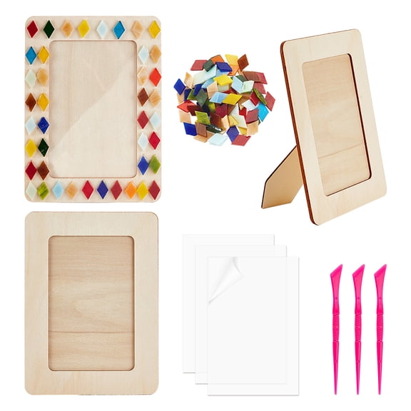 DIY Mosaic Photo Frame Making Kit Including Natural Wood Rectangle Picture Frame PVC Picture Frame Hard Sheet Plastic Sculpture Knifes Mosaic Glass Cabochons Mixed Color 194x143mm