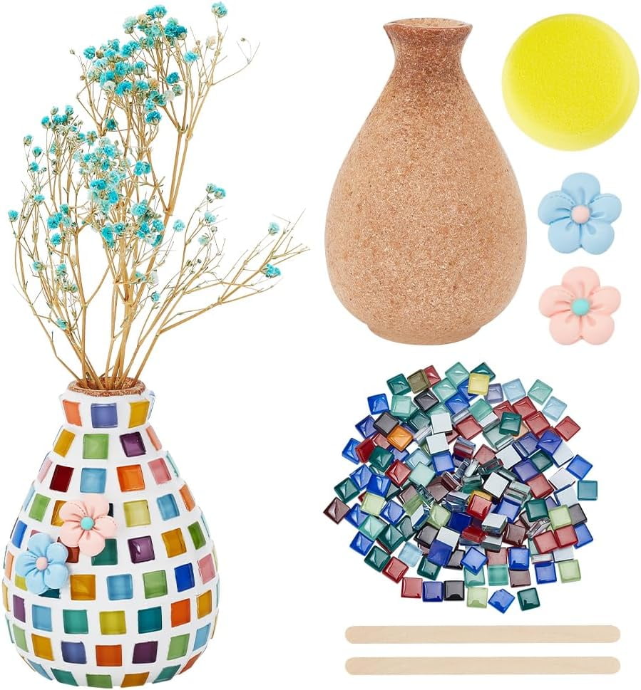 DIY Mosaic Vase Kit Mosaic Material Adults Art Crafts Mixed Colors Glass Mosaic Tiles with Wood Vase Mosaic Supplies for Flowers Handmade Art Home Decor Gifts 3x4.7 inch