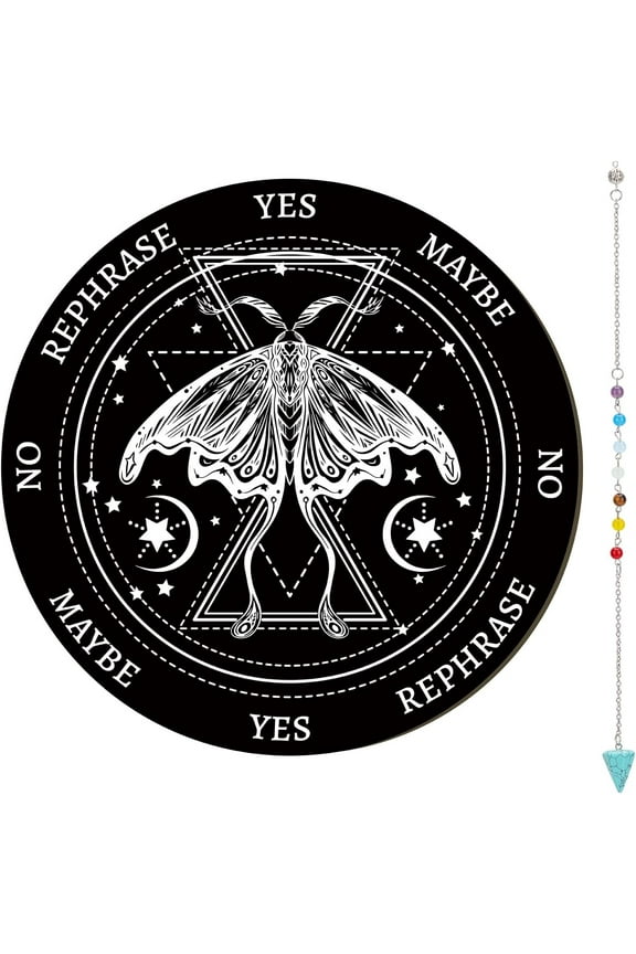 DIY Moth Pendulum Board Wooden Dowsing Divination Board with 7 Chakra Crystal Pendulum Necklace Metaphysical Message Witchcraft Supplies Altar for Wiccan Beginner Spirit Decoration 8inch DIY