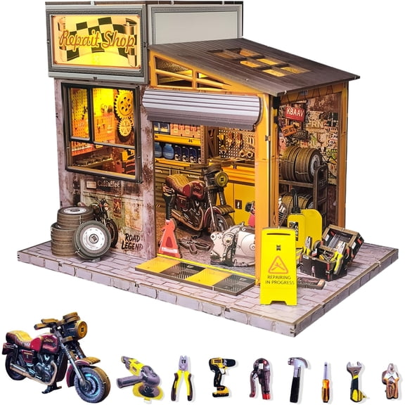 DIY Motorcycle Repair Shop Miniature Dollhouse Kit with LED Lights & Tools
