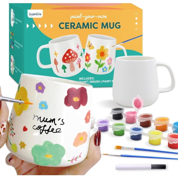 DIY Mug Painting Kit for Adults Kids with 2 Paintable Ceramic Mugs 12 Safe Paints, 2 Brushes & Ceramic Pen, Creative Crafts for Mother's Day, Father's Day & Valentine's Day Gifts