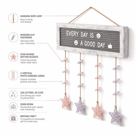 DIY Multi Photo Frame White Frame and Grey Felt with 340 Letters and 30 Clips