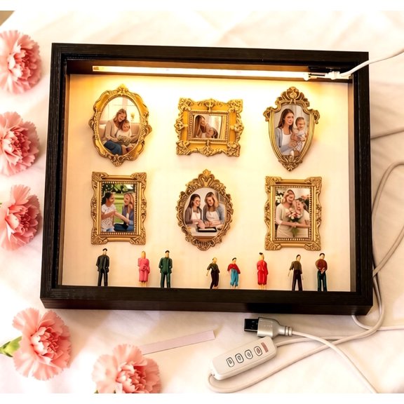 DIY Museum Shadow Box Frame Kit with Dimmable LED Light Strip,Display with 9Pcs Mini Figurines & 6Pcs Mini Gold Frames, Personalized Memory Display for Anniversary, Home Decor Gift (Walnut, 8 inch)
