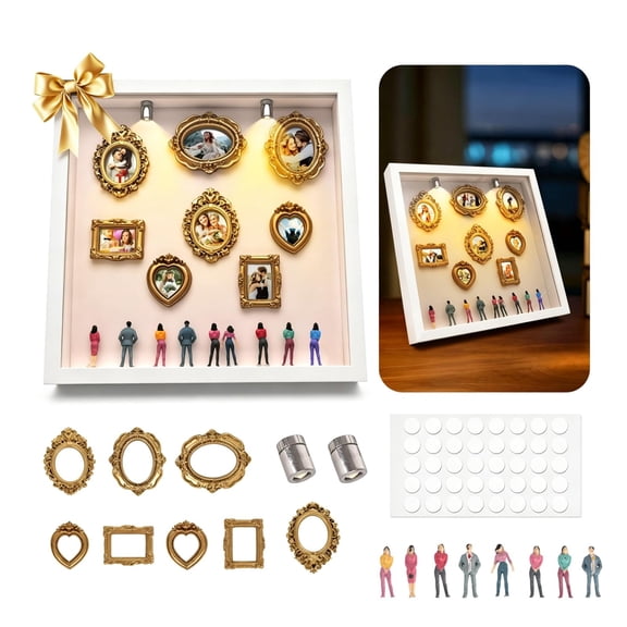 DIY Museum of Us Kit Picture Frame Shadow Box Romantic Gift for Woman, 8 Gold Mini Picture Frames & 8 People Figurines, Personalized Gift for Valentine, Mother, Anniversary, Christmas & Home Decor
