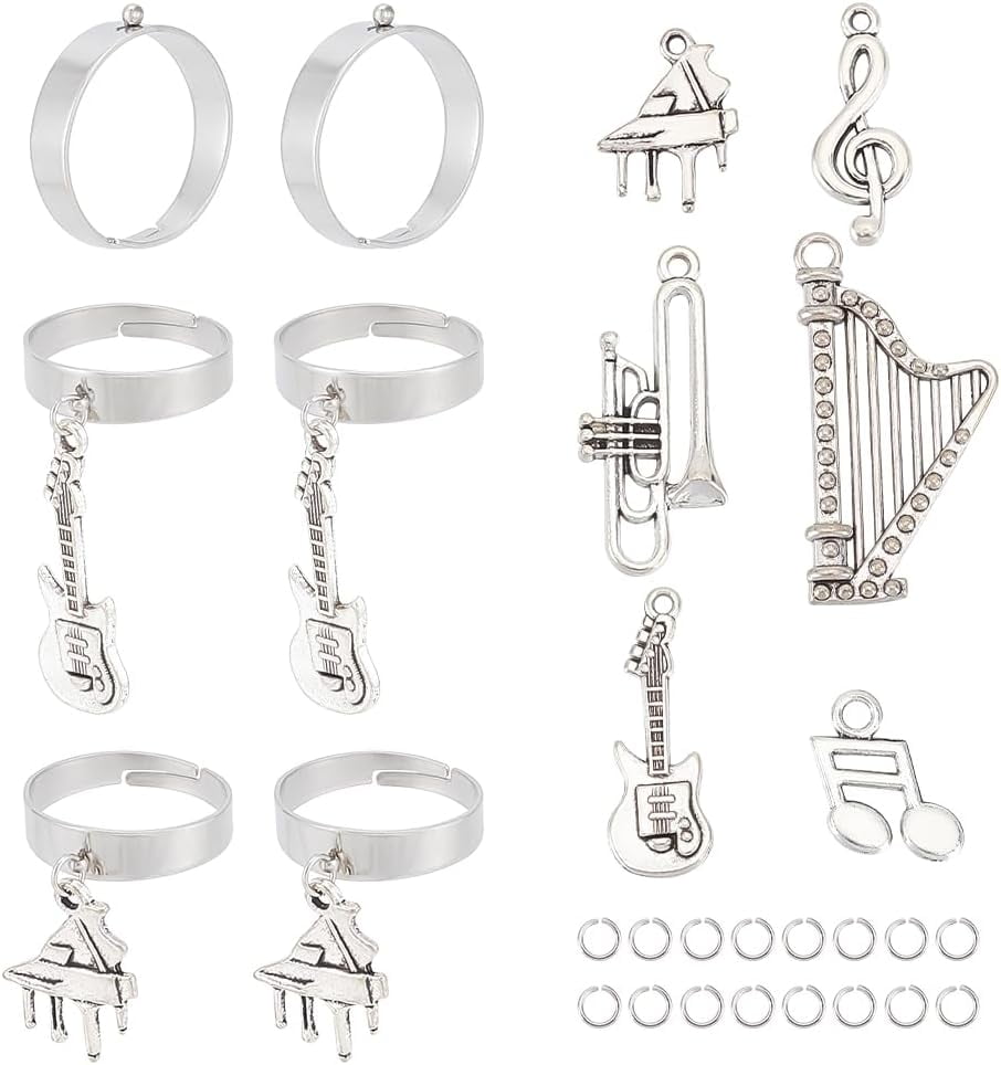 DIY Music Theme Ring Making Kit Including Guitar & Trumpet & Harp Alloy ...