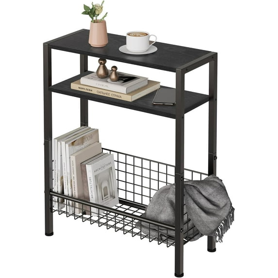 DIY Narrow Side Table, 3 Tier End Table with Various Storage Basket, Slim Sofa Side Table for Small Spaces, Skinny Nightstand, for Living Room, Bedroom, Black