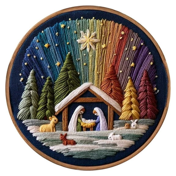 DIY Nativity Embroidery Kit for Beginners – Christmas Craft Set with 4 Designs, Bamboo Hoop & Cotton Threads, Religious Holiday Decor for Home, Thoughtful Christian Gift (The Holy Story)