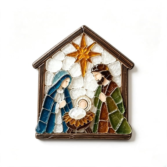 DIY Nativity Sea-Glass Mosaic Magnet Kit, Christmas Faith Craft Set | Handmade Nativity Scene Art Project for Holiday Decor, Christian Gift & Religious Craft (A)