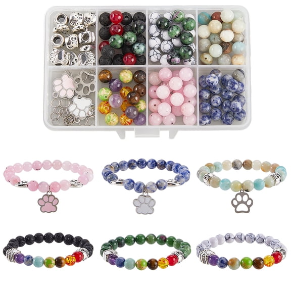 DIY Natural & Gemstone Round Beads Bracelets Making Kits Including Flat Elastic String and Alloy Beads Mixed Color 0.5x8.5mm Hole: 4.5mm DIY