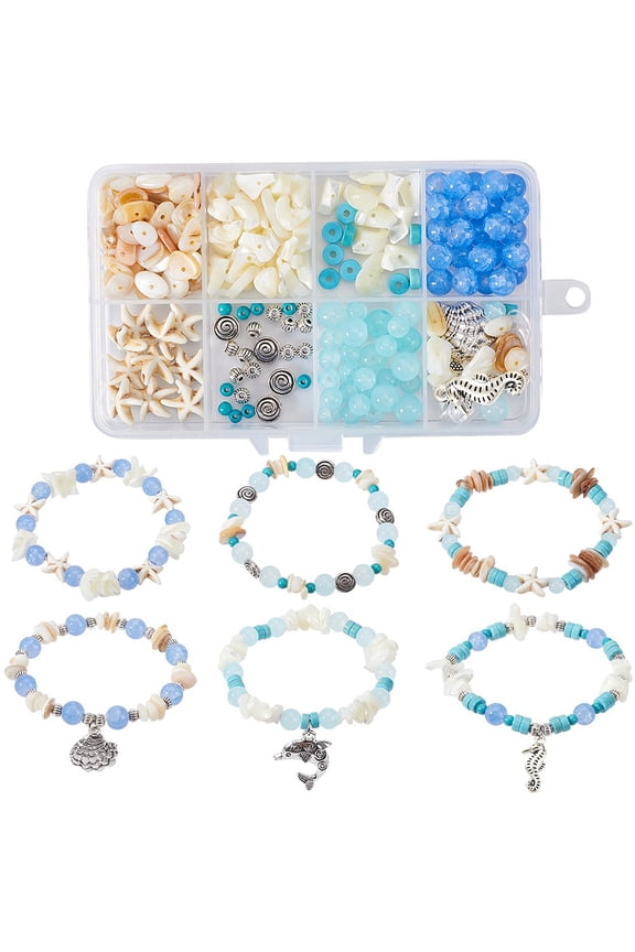 DIY Natural Ocean Shell Stackable Bracelet Making Kit Magnesite & Turquoise Stretch Bracelets with Alloy Charms Mixed Color 2x4x4.5mm Hole: 0.7mm DIY