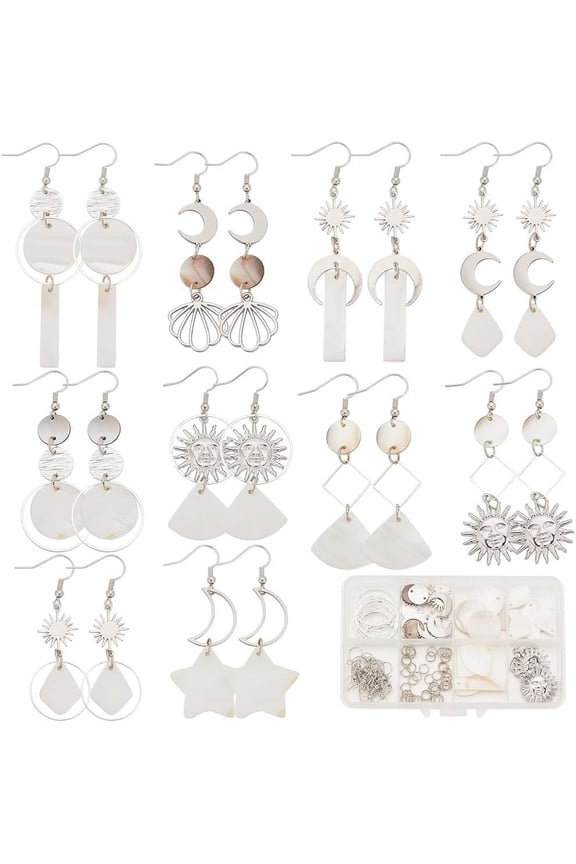 DIY Natural Shell & Alloy Dangle Earring Making Kit Silver 6~30.5x0.7~25x1~2mm Hole: 1.2~2mm