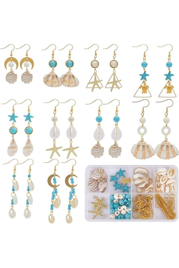 DIY Natural Shell Dangle Earrings Making Kit Synthetic Turquoise & Magnesite Ocean Theme Earrings Mixed Color 4~35x4~28x0.5~10mm Hole: 1~2mm