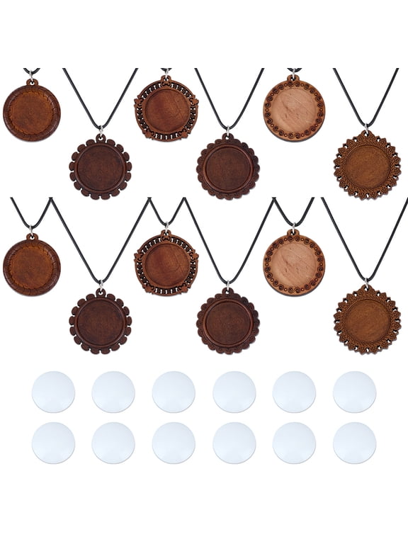 DIY Necklace Kits Including 12Pcs 6 Styles Wood Flower Pendants Waxed Cotton Cord Necklaces with Plastic Blank Buttons Coconut Brown diy