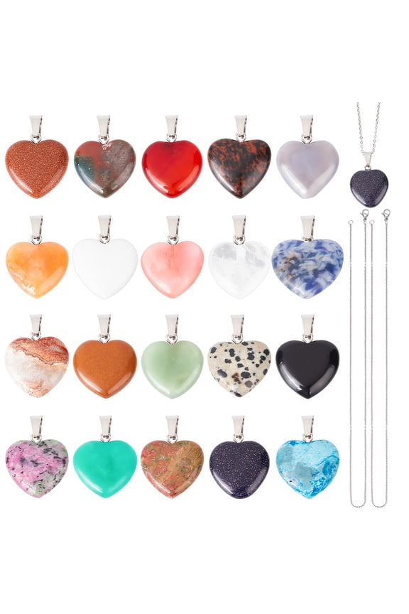 DIY Necklace Making Kit Including Natural Mixed Gemstone Heart Pendants 304 Stainless Steel Cable Chains Necklace Making 22Pcs/box diy