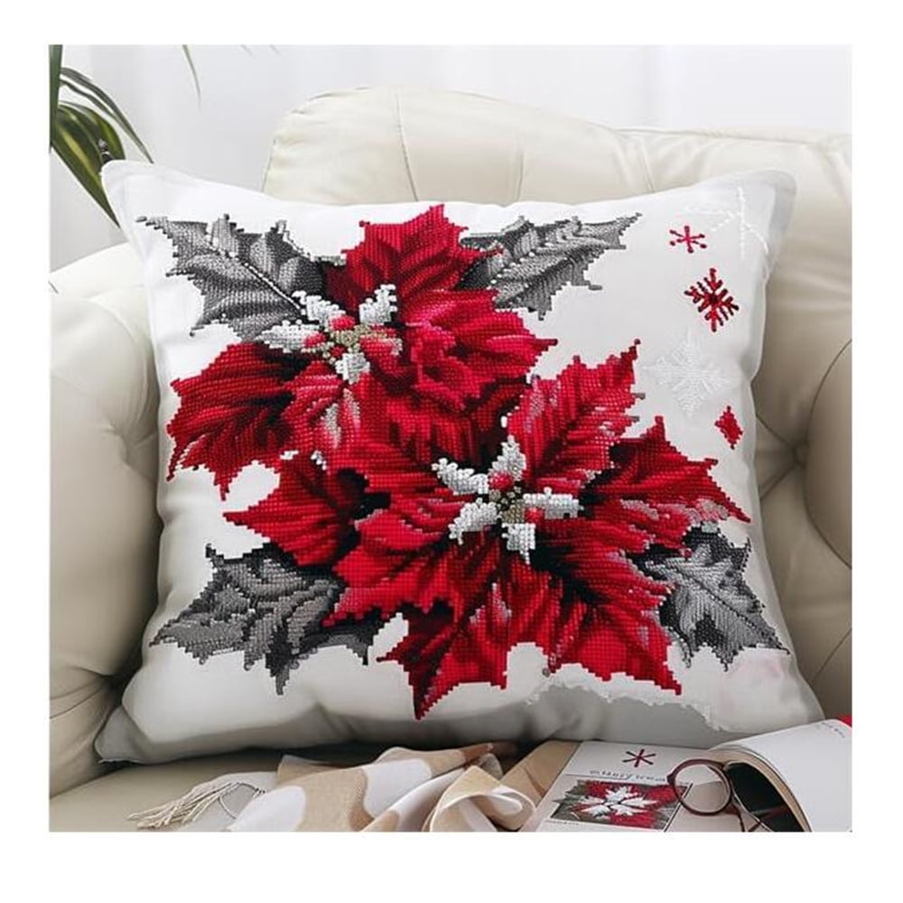 DIY Needlework Kit Embroidery Pillow Canvas Cushion Christmas Cross Stitch Pillowcase DIY Printed Cross Stitch Pillow Kit,17x17in