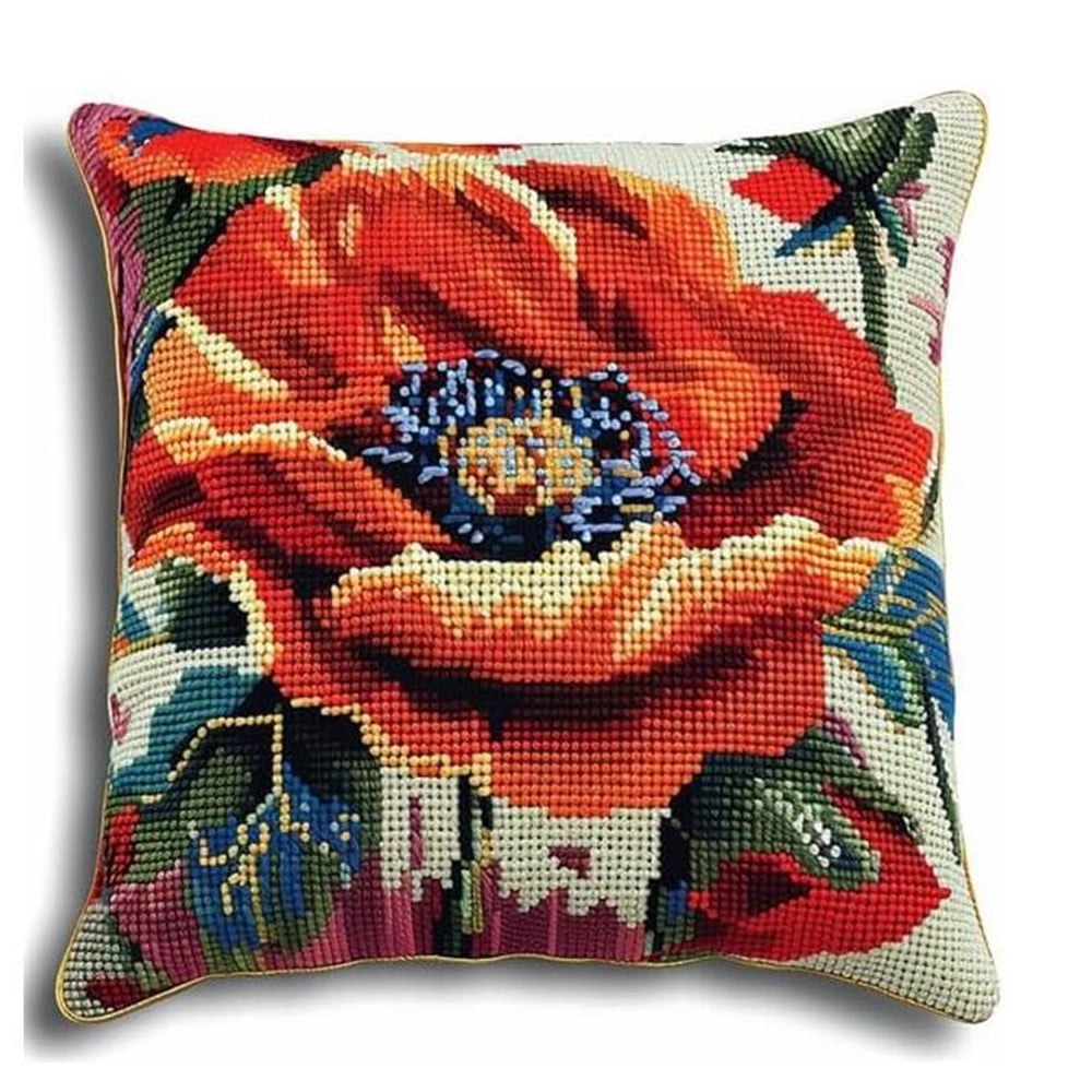 DIY Needlework Kit Embroidery Pillow Canvas Cushion Flower Cross Stitch Pillowcase DIY Printed Cross Stitch Pillow Kits 17x17in