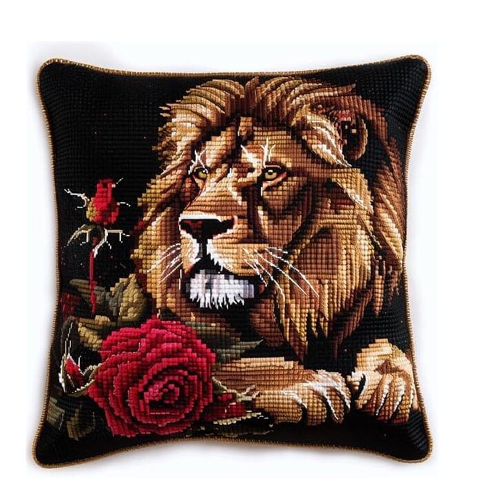 DIY Needlework Kit Embroidery Pillow Canvas Cushion Lion Cross Stitch Pillowcase DIY Printed Cross Stitch Pillow Kits,17x17in
