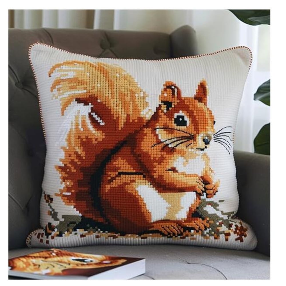 DIY Needlework Kit Embroidery Pillow Canvas Cushion Squirrel Cross Stitch Pillowcase DIY Printed Cross Stitch Pillow Kit 17x17in