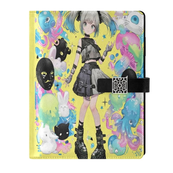 DIY Neon Anime Printed Microfiber Leather Notebook 9.2x6.7" Refillable Binder Journal with Pen Loop&Pockets 100 Sheets