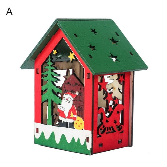 DIY New Year Christmas Wooden Christmas Lighted Cabin Assembling Small House Christmas Tree Ornaments Glowing Colored Cottage