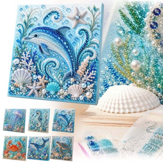 DIY Ocean Life Pearl Art Painting Kit with Frame Pre Framed Wooden Gem Diamond Art Painting Desktop Crafts for Adults, Sea Animal Home Office Wall Decor Gift, 7.87x7.87 Inch(H)