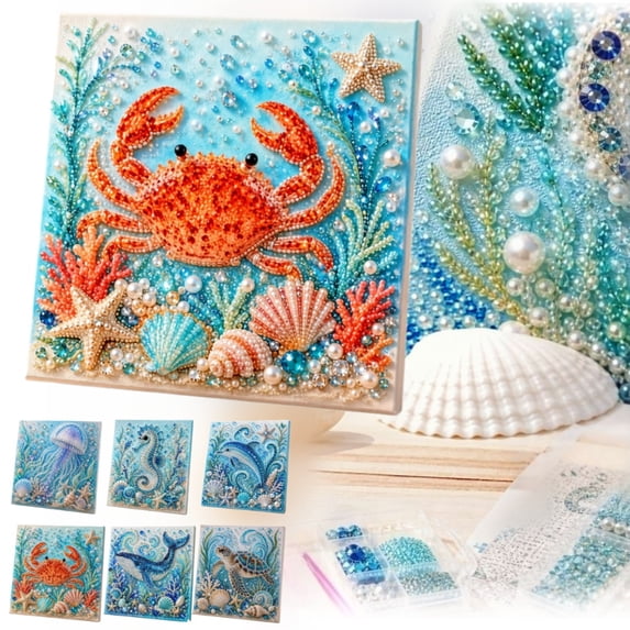 DIY Ocean Life Pearl Art Painting Kit with Frame Pre Framed Wooden Gem Diamond Art Painting Desktop Crafts for Adults, Sea Animal Home Office Wall Decor Gift, 7.87x7.87 Inch(F)
