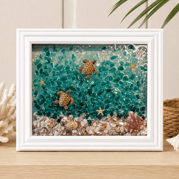 DIY Ocean Mosaic Framed Art Kit for Adults, Coastal Sea Turtle Craft Set with Display Frame, Decorative Accents, Tools, and Step-by-Step Guide